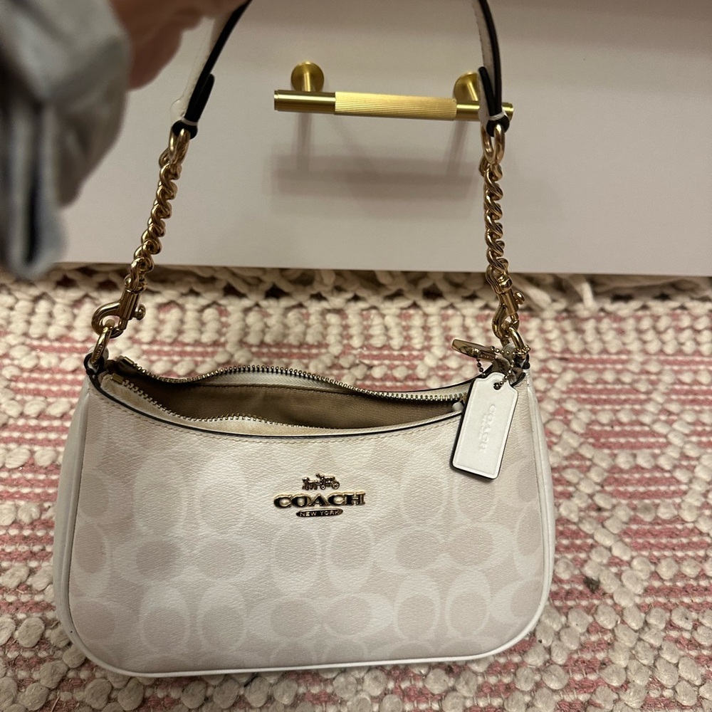 Coach Cream Signature Shoulder Bag with Gold Chain